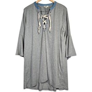 Umgee‎ USA Gray Bell Sleeve Lace Up Denim Collar Tunic Dress Size L